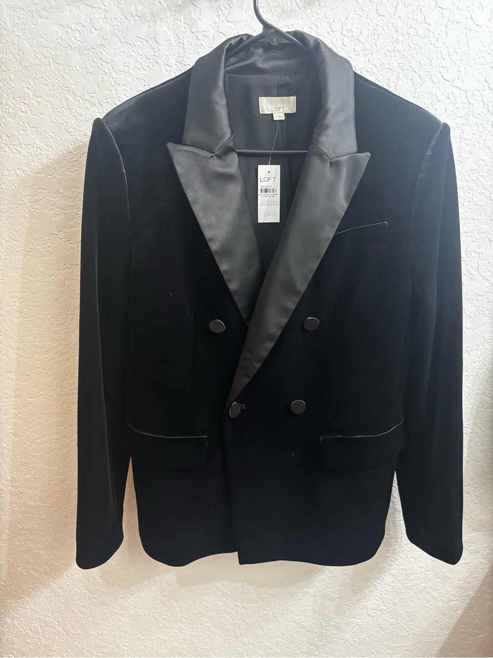 LOFT Black Velvet Double-Breasted Blazer with Satin Lapel